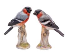 A pair of Meissen figures of bullfinches naturalistically modelled perched on tree stumps,