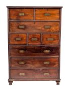 A Regency teak and sandalwood campaign chest on chest, early 19th century; in two sections,
