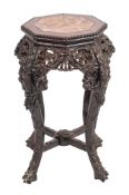 A Chinese carved hardwood and marble inset stand,