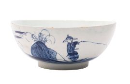 An early Bow blue and white bowl the exterior painted in the 'Fisherman and cross-legged Chinaman'