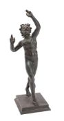 After the Antique, a bronzed spelter figure 'The Dancing Faun of Pompeii' mounted on a square base,