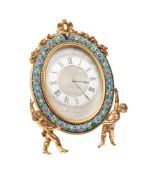 A champlevé enamel easel mantel timepiece,