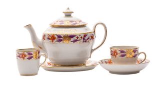 A Newhall hard-paste part tea service comprising an ogee shaped teapot,