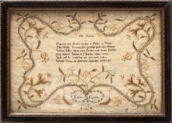 A late 18th century needlework sampler with central verse on youth,