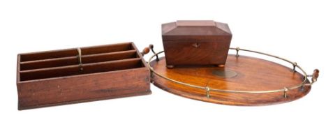 An Edwardian oak and brass tray of oval outline, 63cm wide,