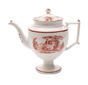 An early 19th century pearlware pedestal coffee pot and cover transfer printed in iron-red with