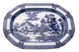 A Spode blue and white transfer printed pearlware 'Boy on a Buffalo' meat dish with moth,