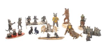 A pair of Austrian cold painted bronze figures of boxing cats together with a collection of painted