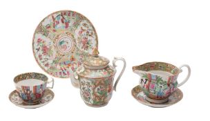 A group of Chinese Canton famille rose/verte porcelain comprising a monk's-cap jug,