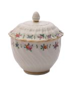 A Chelsea-Derby sucrier and cover of foliate spiral moulded form with bud finial,