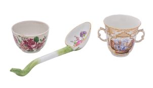 A Meissen-style long-handled ladle, a Berlin two-handled cup and a Continental tea bowl,