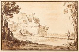 James Basire (1730-1802) after Guercino Figures and ruins in a clearing; wanderers admiring ruins;