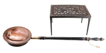 A selection of domestic metalwares including;- a trivet, a warming pan,a kettle,