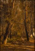 Gyula Aggházy (Hungarian, 1850-1919) A sunlit woodland scene with a shepherd and his flock,
