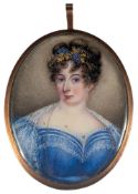Continental School, circa 1825 A miniature portrait of a lady wearing a blue, lace-trimmed dress,