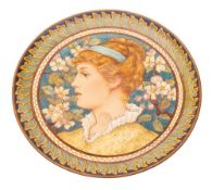 A Minton's Art Pottery Studio charger painted in Aesthetic Movement style by Ellen Welby with a