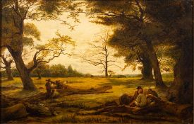 After John Linnell (British, 1792-1882) Wood-cutting in Windsor Forest oil on canvas 23.5 x 37cm.