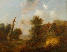 Patrick Nasmyth (Scottish, 1787-1831) A country lane, with a girl walking towards a timber cottage,