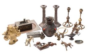 A collection of assorted brass and metalwares, includes Chinese figures, Egyptianesque box,