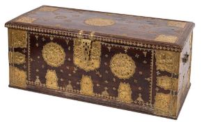 A 'Zanzibar' brass mounted hardwood chest, 19th century; the hinged cover,