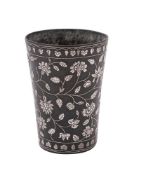 An Indian Bidri ware tumbler of cylindrical tapering form,