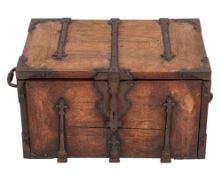 A Louis XV walnut and iron bound coffre fort,