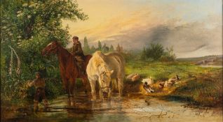 Attributed to Edward Adveno Brooke (1821-1910) A stream with children and horses watering signed ?