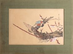 A pair of Japanese prints depicting birds and insects amongst blossoming shrubs, each 24.5 x 37.