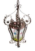 A Victorian wrought iron and glazed hanging lantern of square waisted and tapering form,