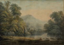 Attributed to John Glover (Anglo-Australian, 1767-1849) Wooded riverbank with seated figures,