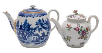 Two First Period Worcester teapots and covers comprising a polychrome teapot and cover decorated