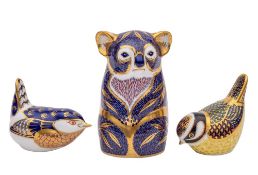 Three Royal Crown Derby porcelain paperweights, comprising a Koala, Blue Tit and Wren,