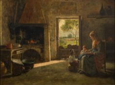 Follower of Jozef Israels (Dutch, 1824-1911) A rustic interior with figures oil on board 41 x 57cm.