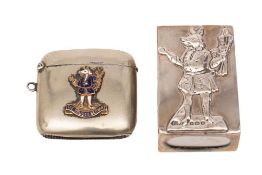 A silver Trusty Servant match box sleeve, London 1930; the figure applied in relief to the top,