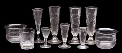 A mixed group of glassware comprising an 18th century wrythen dwarf ale, another similar ale,