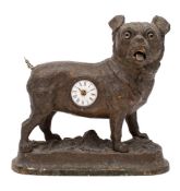 An unusual Victorian automata cast metal dog with inset watch the round white enamel dial having