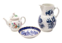 A small group of First Period Worcester porcelain: comprising a polychrome teapot and cover painted