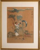 A Chinese silk print depicting finches perched on an iris,