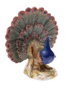 A Meissen figure of a displaying peacock after a model by J.J.