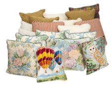 Four woolwork scatter cushions with floral decorated owl and hot air balloon panels,