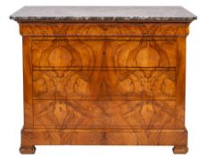 A Restauration walnut and marble topped secretaire commode,