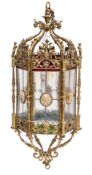 WITHDRAWN A 20th century brass hall lantern of hexagonal outline in the Renaissance revival taste,