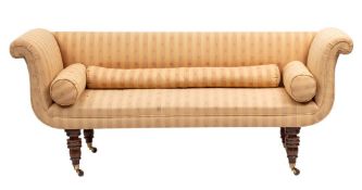 A George IV mahogany and upholstered sofa, circa 1825; the straight back, outscrolled ends,