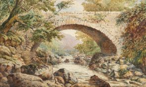 British School (19th century) Stone bridge over an upland river pool, watercolour 20.5 x 34cm.