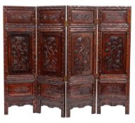 A Chinese carved hardwood, probably huanghuali double sided four leaf room screen,