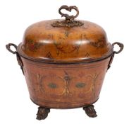 A japanned metal coal scuttle of oval outline with domed lift-off lid with scroll handle and