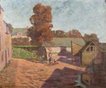 British School (20th century) A country courtyard with a woman feeding chickens oil on canvas 63 x