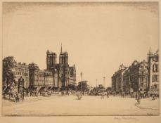 Henry George Rushbury (1889-1968) A Parisian Street view with Notre Dame beyond,