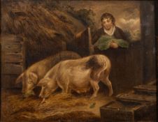 Manner of Thomas Hand (British, d. 1804) Pigs in a sty oil on canvas 34 x 44cm.
