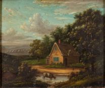 English School (19th century) Landscape with cow watering and cottage beyond oil on copper 13 x